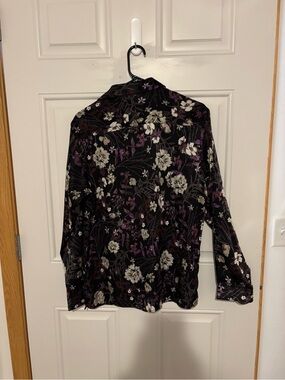 INC International Concepts Black Floral Button-Down Shirt with Purple Accents